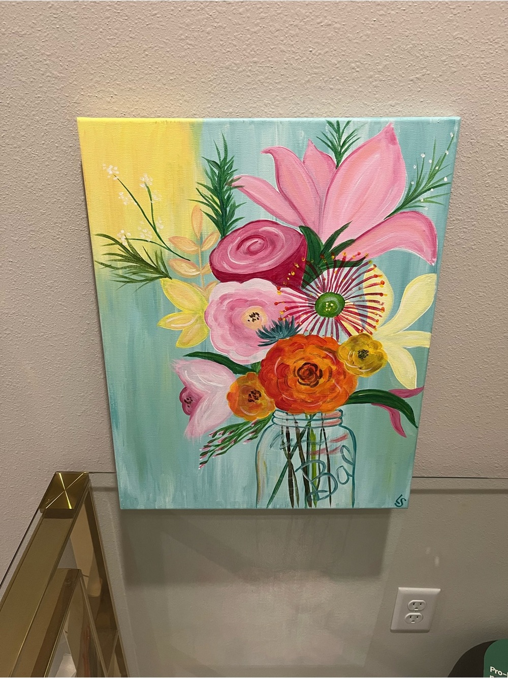 Hand-Painted Floral Canvas Wall Art - Pink & Turquoise